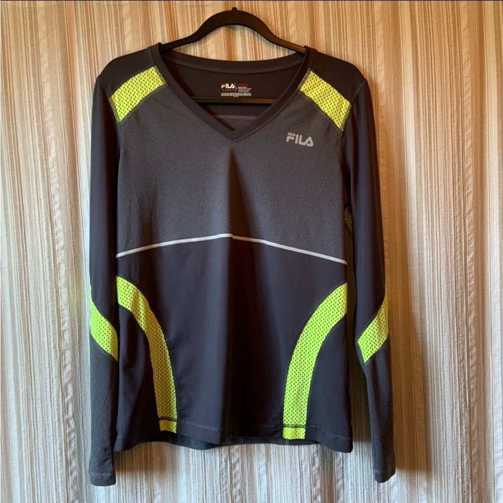 FILA Gray Athletic Long Sleeve Top with Neon Accents